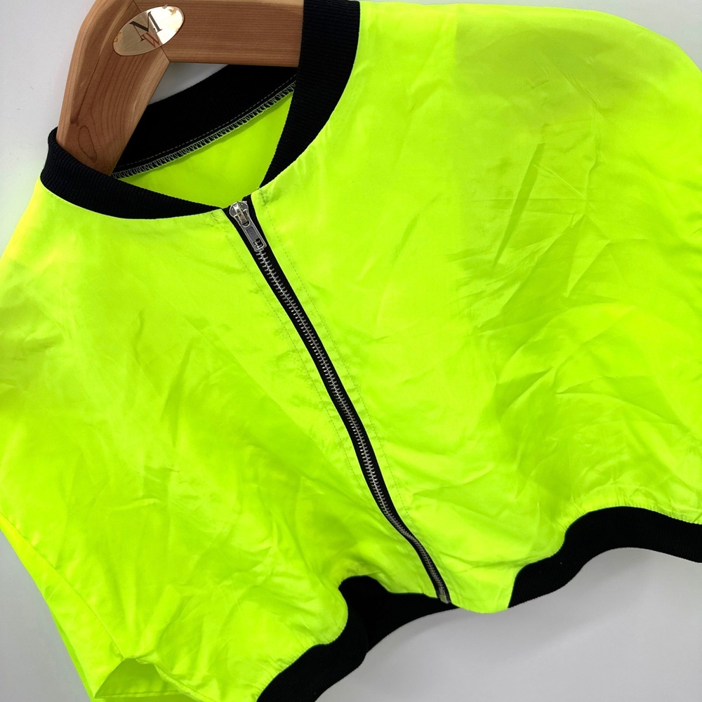 Neon Lime Green Cropped Bomber Jacket Women's S Black Trim Full Zip Windbreaker